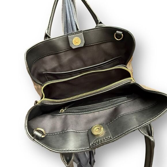 Nine West Brooklyn Jet Set Satchel Brown Black Logo Polyurethane Bag Purse Tote - Picture 3 of 9